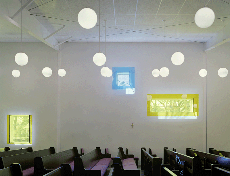 Chapel interior with globe lights